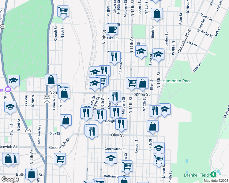 map of restaurants, bars, coffee shops, grocery stores, and more near 950 North 10th Street in Reading