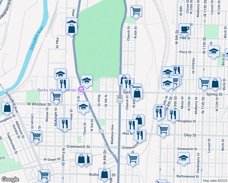 map of restaurants, bars, coffee shops, grocery stores, and more near 1003 Madison Avenue in Reading