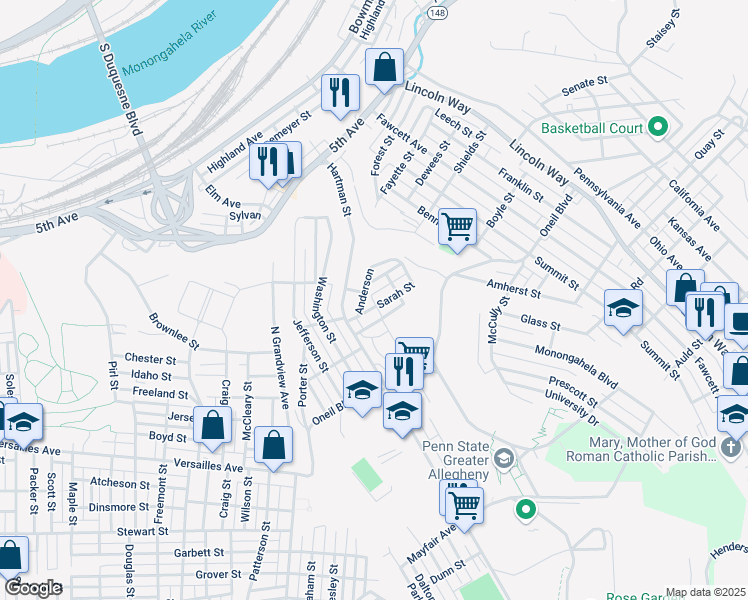 map of restaurants, bars, coffee shops, grocery stores, and more near 3822 Sarah Street in McKeesport