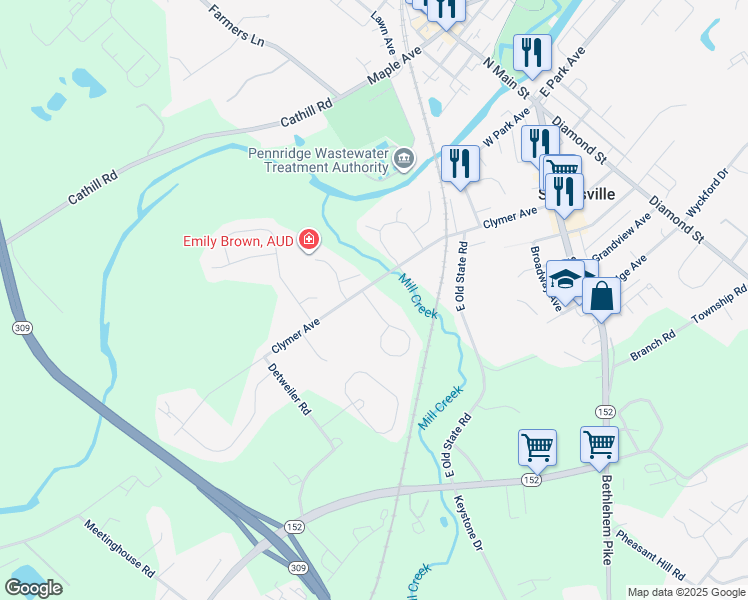 map of restaurants, bars, coffee shops, grocery stores, and more near 410 Clymer Avenue in Sellersville