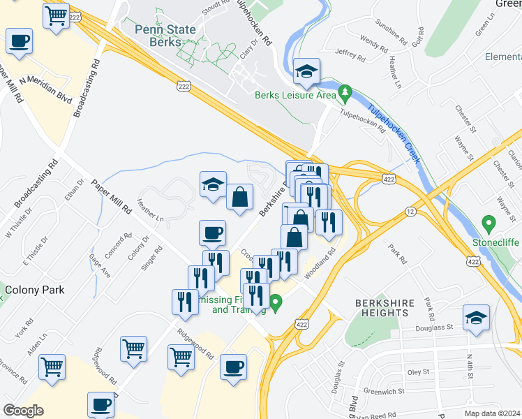 map of restaurants, bars, coffee shops, grocery stores, and more near 109 Kelly Court in Wyomissing