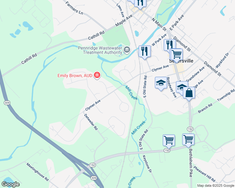 map of restaurants, bars, coffee shops, grocery stores, and more near 410 Clymer Avenue in Sellersville