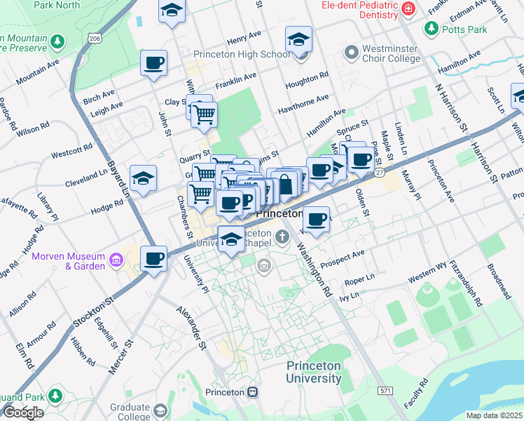 map of restaurants, bars, coffee shops, grocery stores, and more near 138 Nassau Street in Princeton