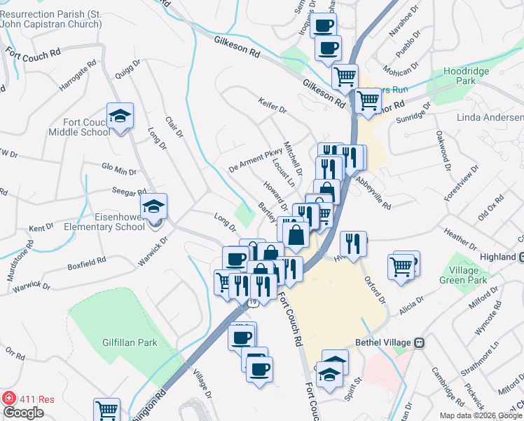 map of restaurants, bars, coffee shops, grocery stores, and more near 211 Phillips Drive in Pittsburgh