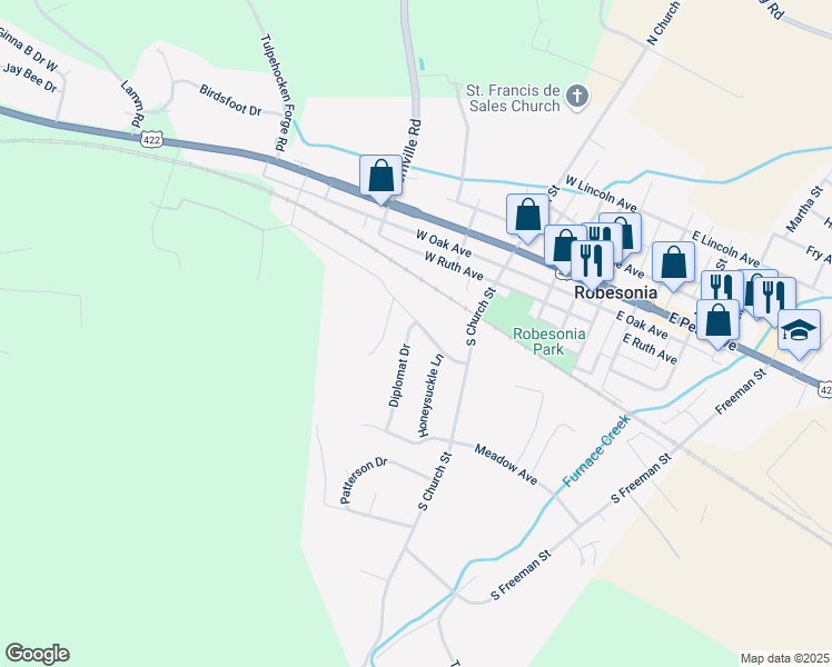 map of restaurants, bars, coffee shops, grocery stores, and more near 218 Smokering Drive in Robesonia