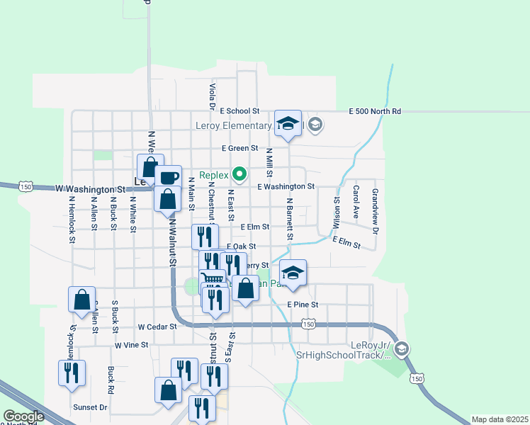 map of restaurants, bars, coffee shops, grocery stores, and more near 402 East Elm Street in Le Roy