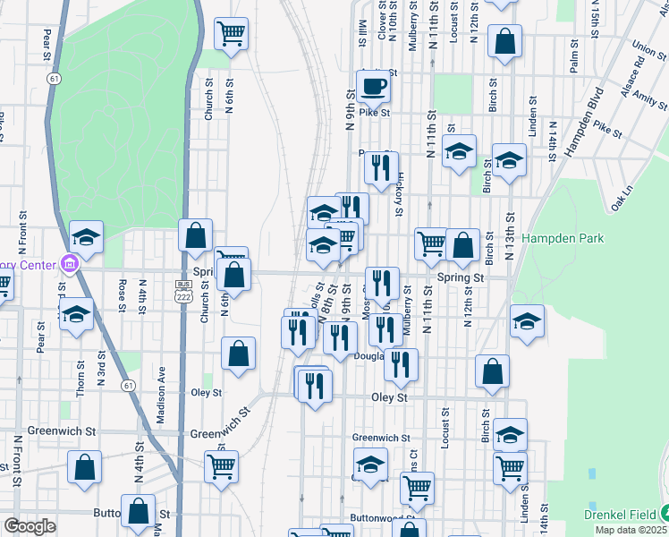 map of restaurants, bars, coffee shops, grocery stores, and more near 1004 North 8th Street in Reading