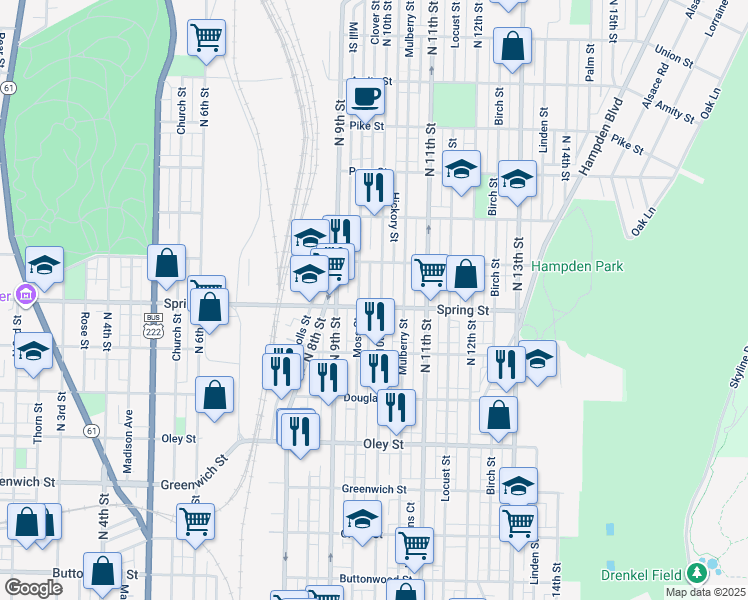 map of restaurants, bars, coffee shops, grocery stores, and more near 1008 North 10th Street in Reading