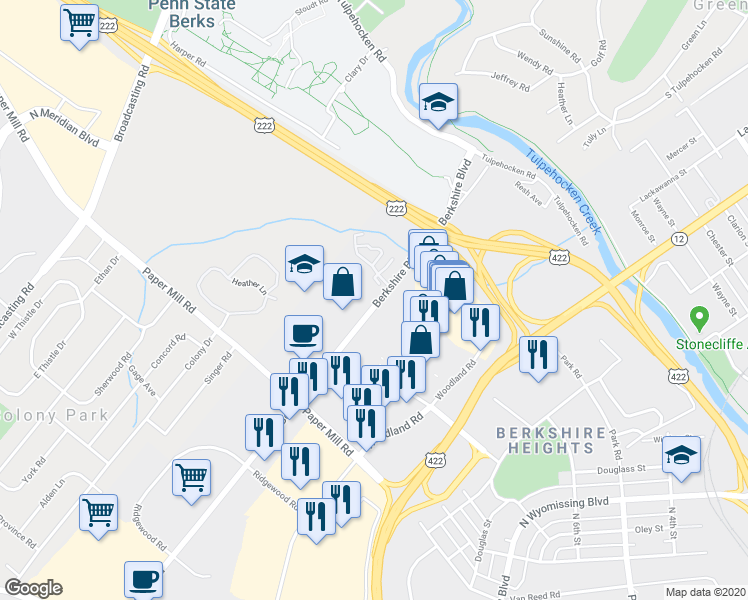 map of restaurants, bars, coffee shops, grocery stores, and more near 101 Kelly Court in Wyomissing