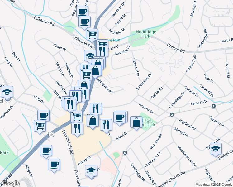 map of restaurants, bars, coffee shops, grocery stores, and more near 400 Abbeyville Road in Pittsburgh