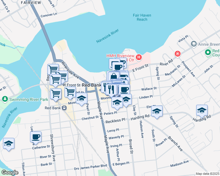 map of restaurants, bars, coffee shops, grocery stores, and more near 36 Monmouth Street in Red Bank