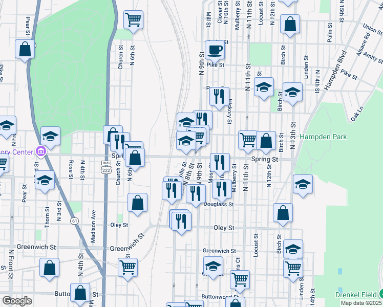 map of restaurants, bars, coffee shops, grocery stores, and more near 1004 North 8th Street in Reading