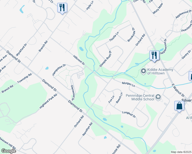 map of restaurants, bars, coffee shops, grocery stores, and more near 812 Hillcrest Drive in Perkasie
