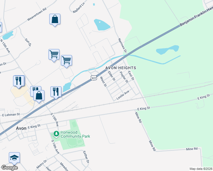 map of restaurants, bars, coffee shops, grocery stores, and more near 1900 Allegheny Avenue in Lebanon