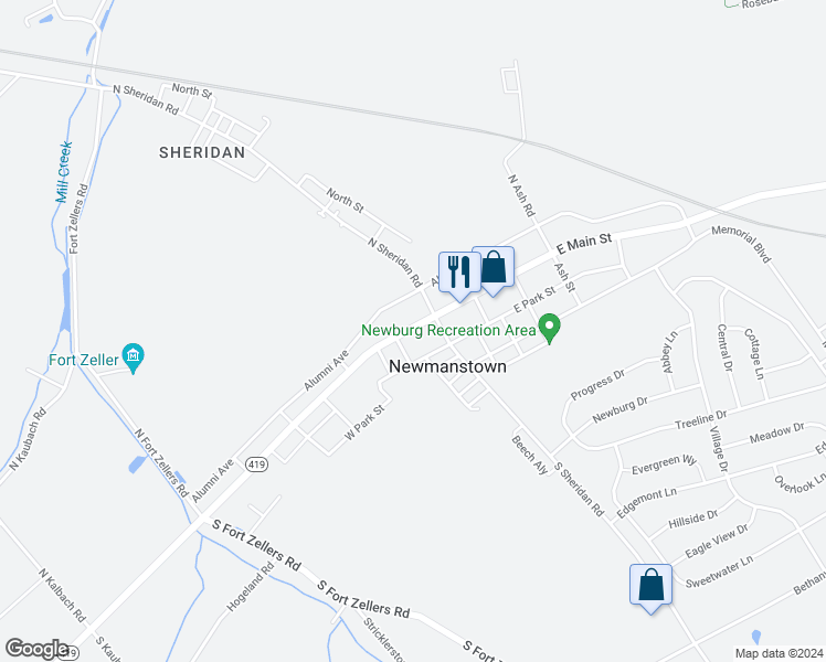 map of restaurants, bars, coffee shops, grocery stores, and more near 28 West Main Street in Newmanstown