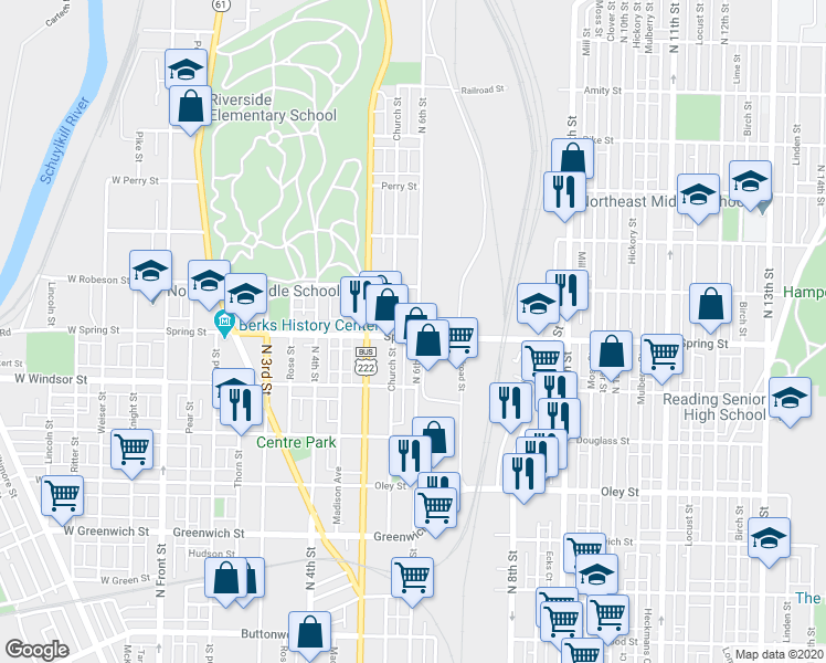 map of restaurants, bars, coffee shops, grocery stores, and more near 1004 North 6th Street in Reading