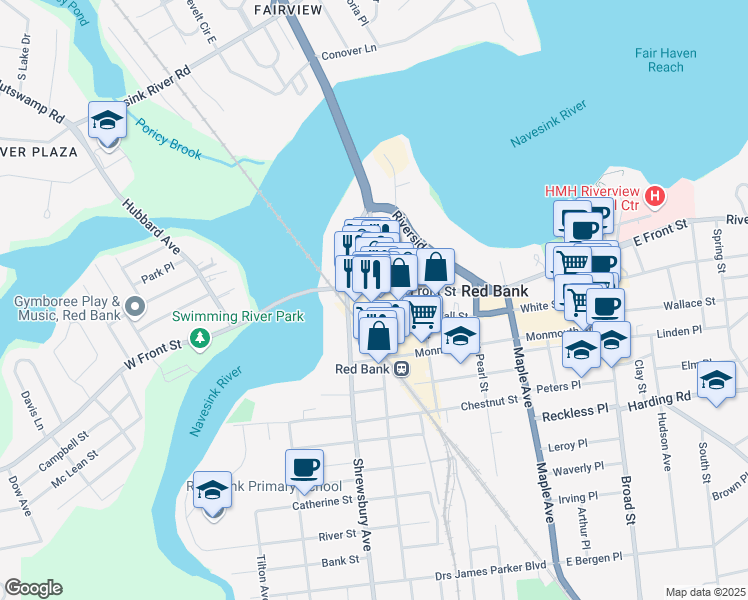 map of restaurants, bars, coffee shops, grocery stores, and more near 2 Bridge Avenue in Red Bank