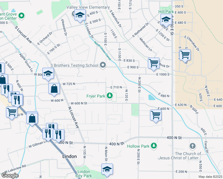 map of restaurants, bars, coffee shops, grocery stores, and more near 32 East 710 North in Lindon