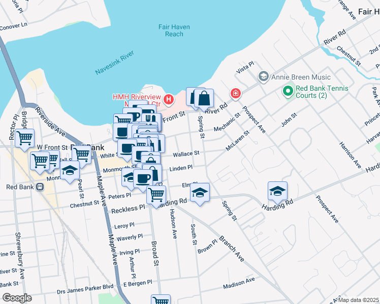 map of restaurants, bars, coffee shops, grocery stores, and more near 87 Washington Street in Red Bank