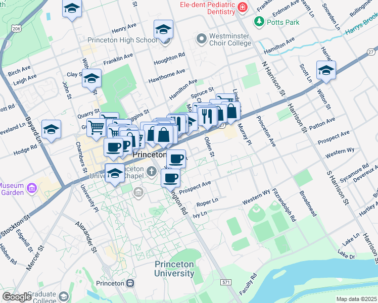map of restaurants, bars, coffee shops, grocery stores, and more near 41 William Street in Princeton