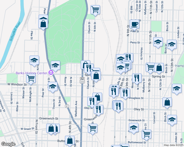 map of restaurants, bars, coffee shops, grocery stores, and more near 936 North 6th Street in Reading