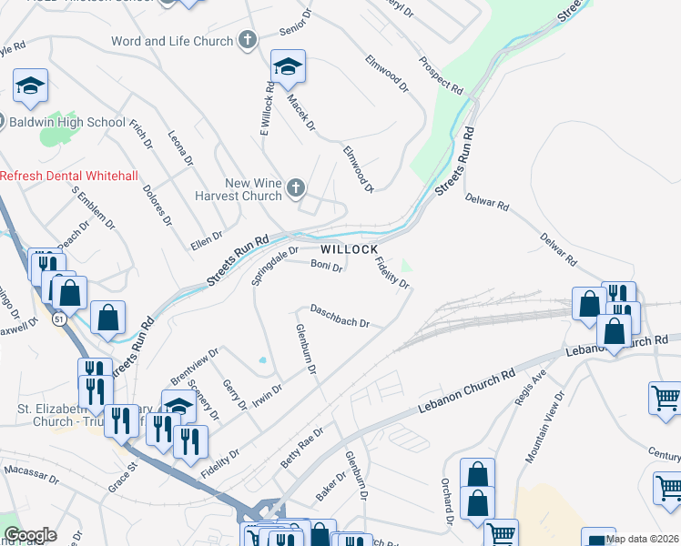 map of restaurants, bars, coffee shops, grocery stores, and more near 1156 Boni Drive in Pittsburgh
