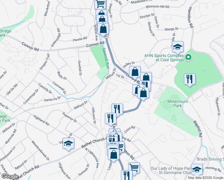 map of restaurants, bars, coffee shops, grocery stores, and more near 4467 East Alley in Bethel Park