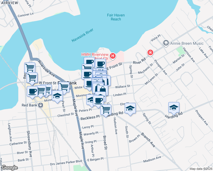 map of restaurants, bars, coffee shops, grocery stores, and more near 26 Wallace Street in Red Bank