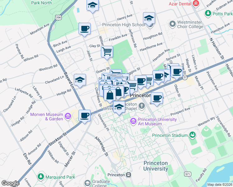 map of restaurants, bars, coffee shops, grocery stores, and more near 30 Witherspoon Street in Princeton