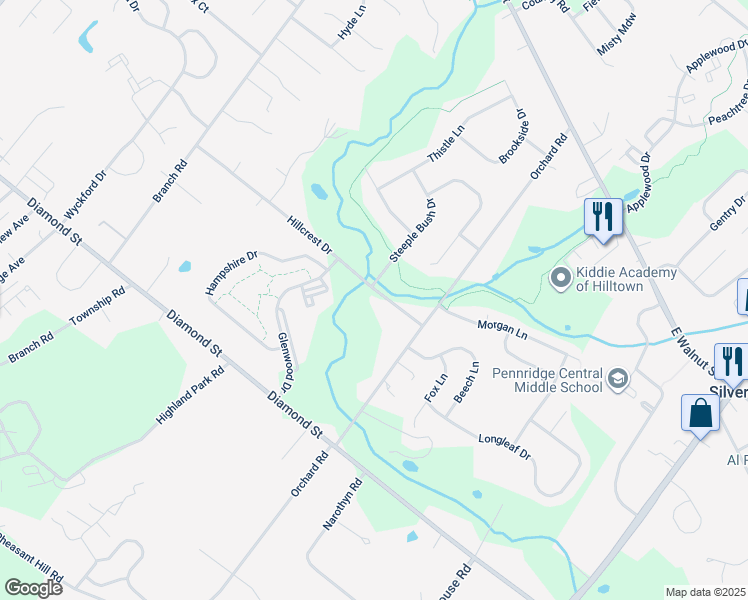 map of restaurants, bars, coffee shops, grocery stores, and more near 812 Hillcrest Drive in Perkasie