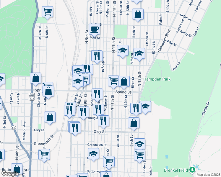 map of restaurants, bars, coffee shops, grocery stores, and more near 1032 Spring Street in Reading