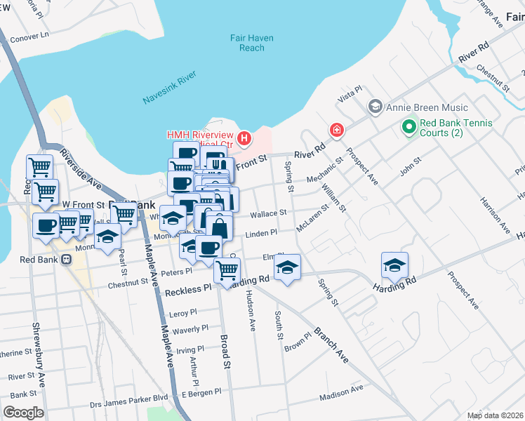 map of restaurants, bars, coffee shops, grocery stores, and more near 67 Wallace Street in Red Bank