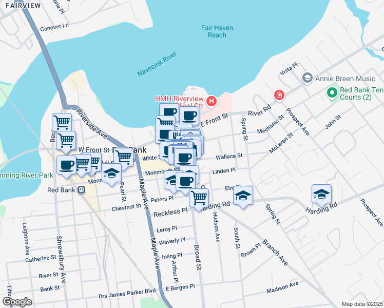 map of restaurants, bars, coffee shops, grocery stores, and more near 18 White Street in Red Bank