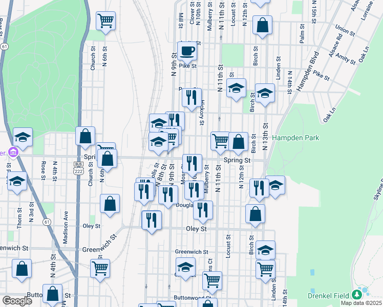 map of restaurants, bars, coffee shops, grocery stores, and more near 950 North 10th Street in Reading