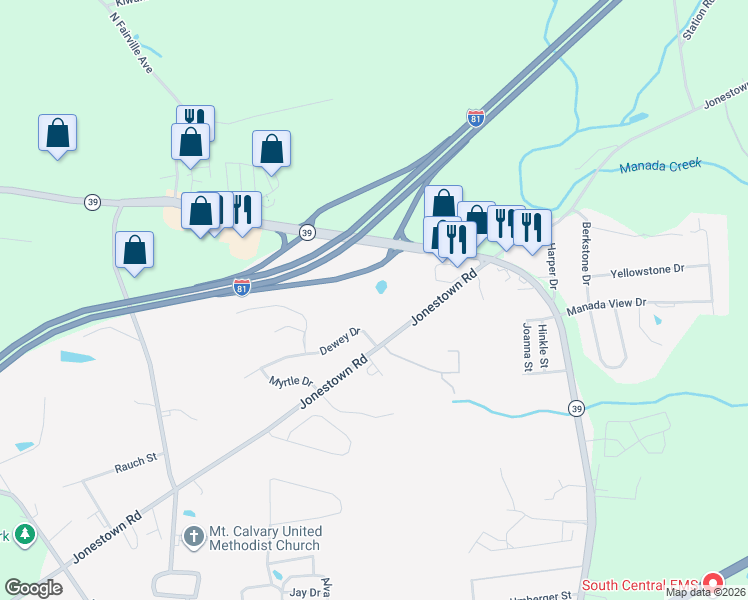 map of restaurants, bars, coffee shops, grocery stores, and more near 7902 Dewey Drive in Harrisburg
