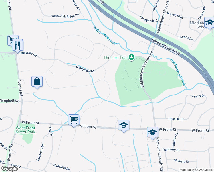 map of restaurants, bars, coffee shops, grocery stores, and more near 19 Windermere Road in Lincroft
