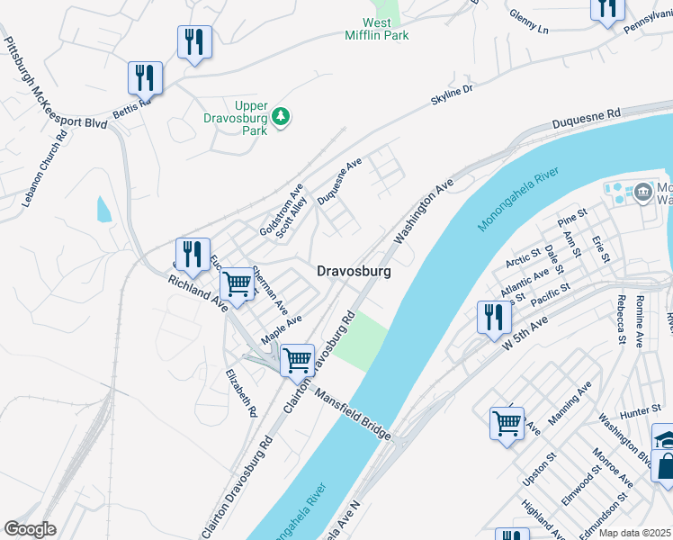 map of restaurants, bars, coffee shops, grocery stores, and more near 201 Maple Avenue in Dravosburg