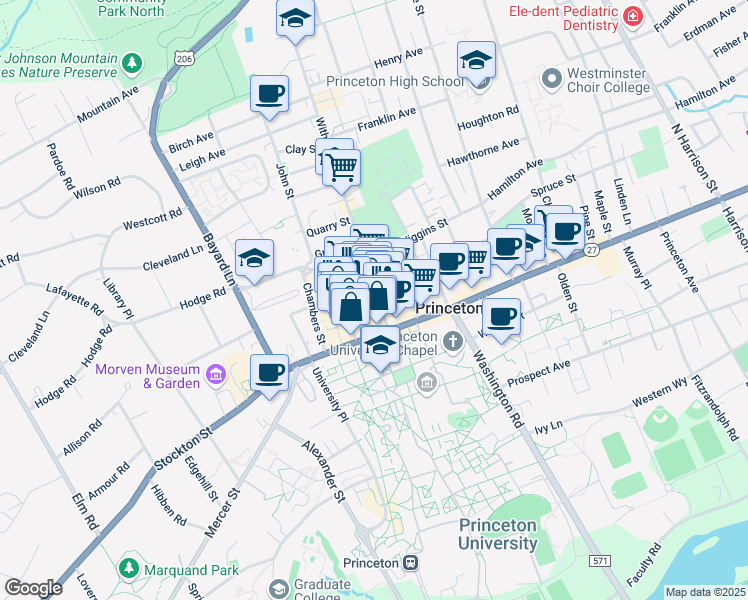 map of restaurants, bars, coffee shops, grocery stores, and more near 1 Palmer Square East in Princeton
