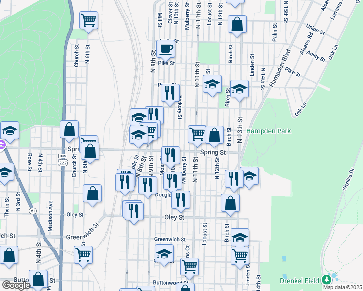 map of restaurants, bars, coffee shops, grocery stores, and more near 1016 Mulberry Street in Reading