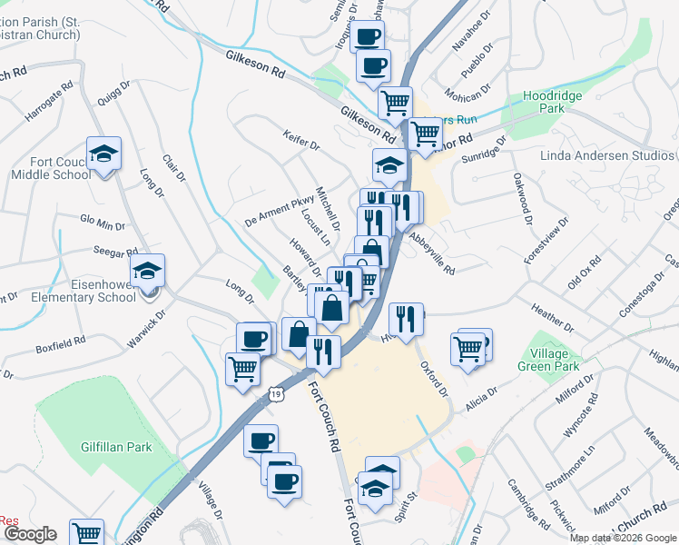 map of restaurants, bars, coffee shops, grocery stores, and more near 3 Locust Lane in Pittsburgh