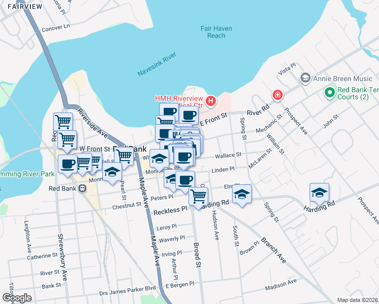 map of restaurants, bars, coffee shops, grocery stores, and more near 18 White Street in Red Bank