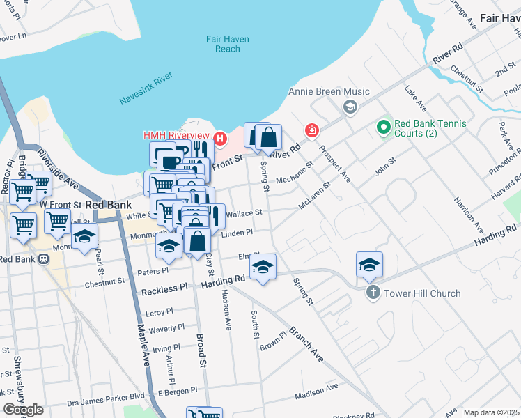 map of restaurants, bars, coffee shops, grocery stores, and more near 87 Washington Street in Red Bank
