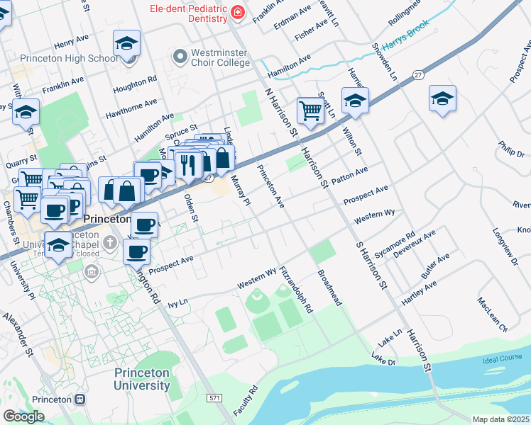 map of restaurants, bars, coffee shops, grocery stores, and more near 84 Murray Place in Princeton
