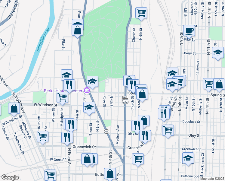 map of restaurants, bars, coffee shops, grocery stores, and more near 931 Rose Street in Reading