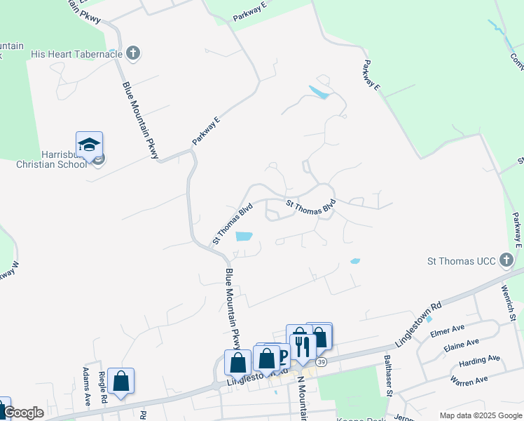 map of restaurants, bars, coffee shops, grocery stores, and more near 5979 Meade Court in Harrisburg