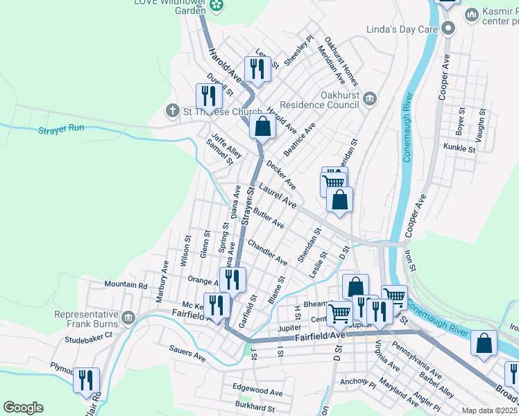 map of restaurants, bars, coffee shops, grocery stores, and more near 140 Stone Street in Johnstown