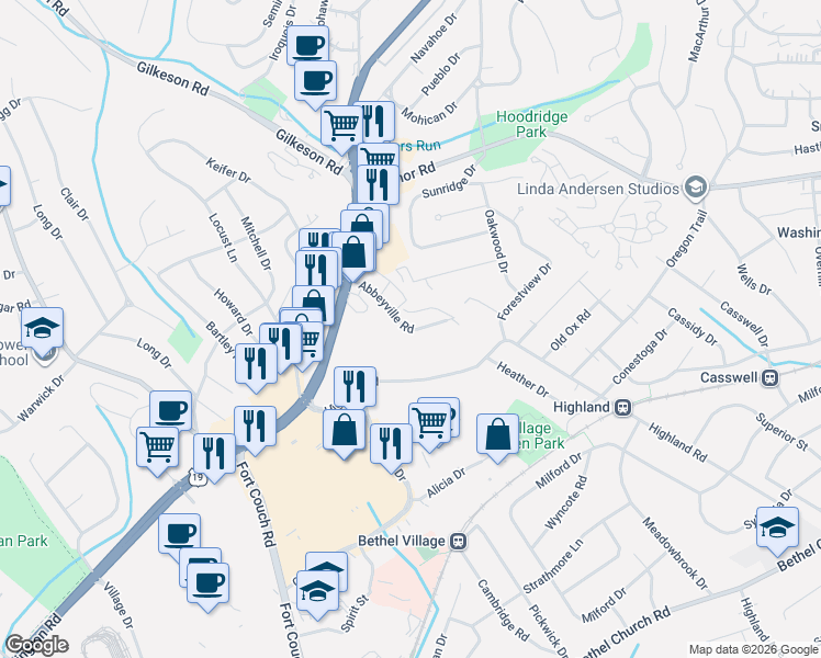 map of restaurants, bars, coffee shops, grocery stores, and more near Unnamed Road in Pittsburgh