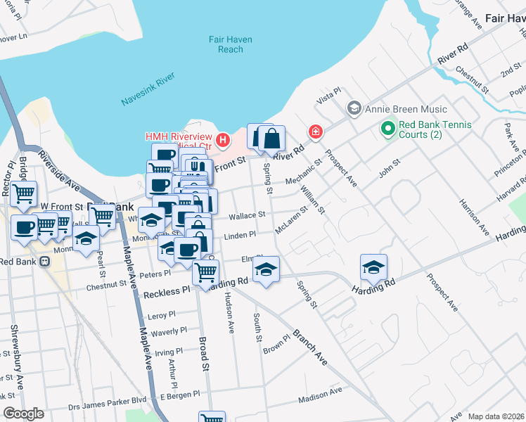 map of restaurants, bars, coffee shops, grocery stores, and more near 87 Washington Street in Red Bank