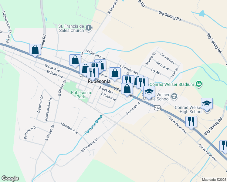 map of restaurants, bars, coffee shops, grocery stores, and more near 138 E Penn Ave in Robesonia
