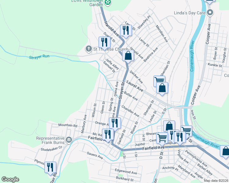 map of restaurants, bars, coffee shops, grocery stores, and more near 257 Strayer Street in Johnstown